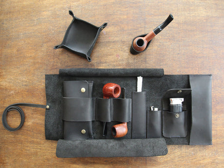 Black Leather Pipe Pouch: Handmade Pipe Bag for 2-Pipes