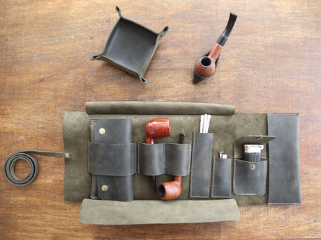 Olive Leather Pipe Pouch: Handmade Pipe Bag for 2-Pipes