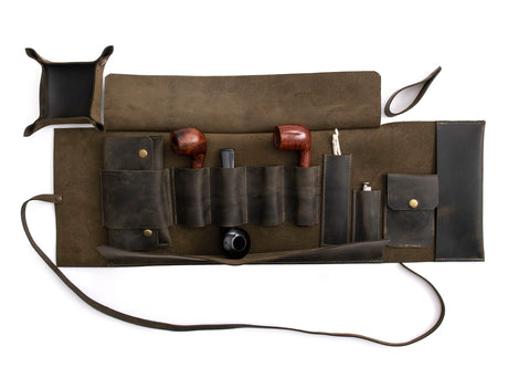 Olive Leather Pipe Pouch: Handmade Pipe Bag for 4-Pipes