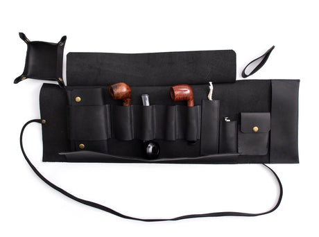 Black Leather Pipe Pouch: Handmade Pipe Bag for 4-Pipes