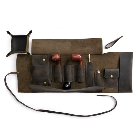 Olive Leather Pipe Pouch: Handmade Pipe Bag for 3-Pipes