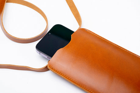 Handmade Light Tobacco Leather iPhone Pro Max Sleeve: Full Grain Cowhide