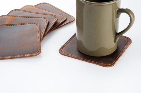 Distressed Leather Coasters: Handmade Table Coasters - Square and Stitched (Set of 6)