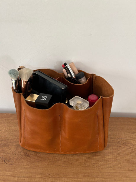 Handmade Distressed Leather Cosmetic Bag: Large Travel Makeup Organizer