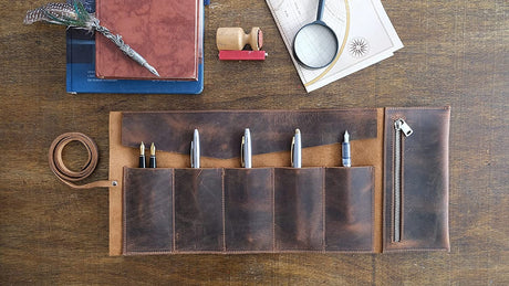 Distressed Leather Pen Roll: Handmade Pencil Bag - Artist's Tool Case