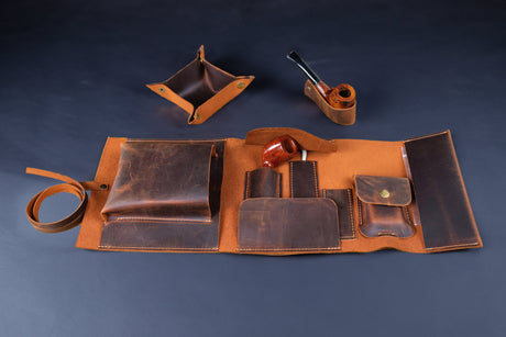 Leather Pipe Pouch Full Set: Handmade 1-Pipe Rollup Bag Complete Set For The Pipe Smoker