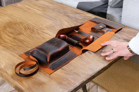 Leather Pipe Pouch Full Set: Handmade 2-Pipe Rollup Bag Complete Set For The Pipe Smoker