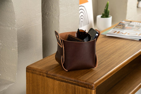 Premium Leather Storage Basket: 2.4 mm Vegetable Tanned Leather Organizer Bin