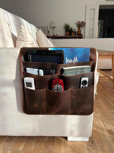 Handmade Leather Sofa Armrest Organizer: Couch Caddy with 6 Pockets for Magazines, Tablets, Remotes