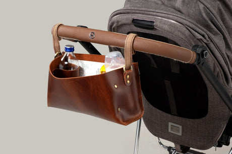 Premium Leather Stroller Storage Organizer: Handmade Luxury Stroller Caddy - Kinderwagen Organizer