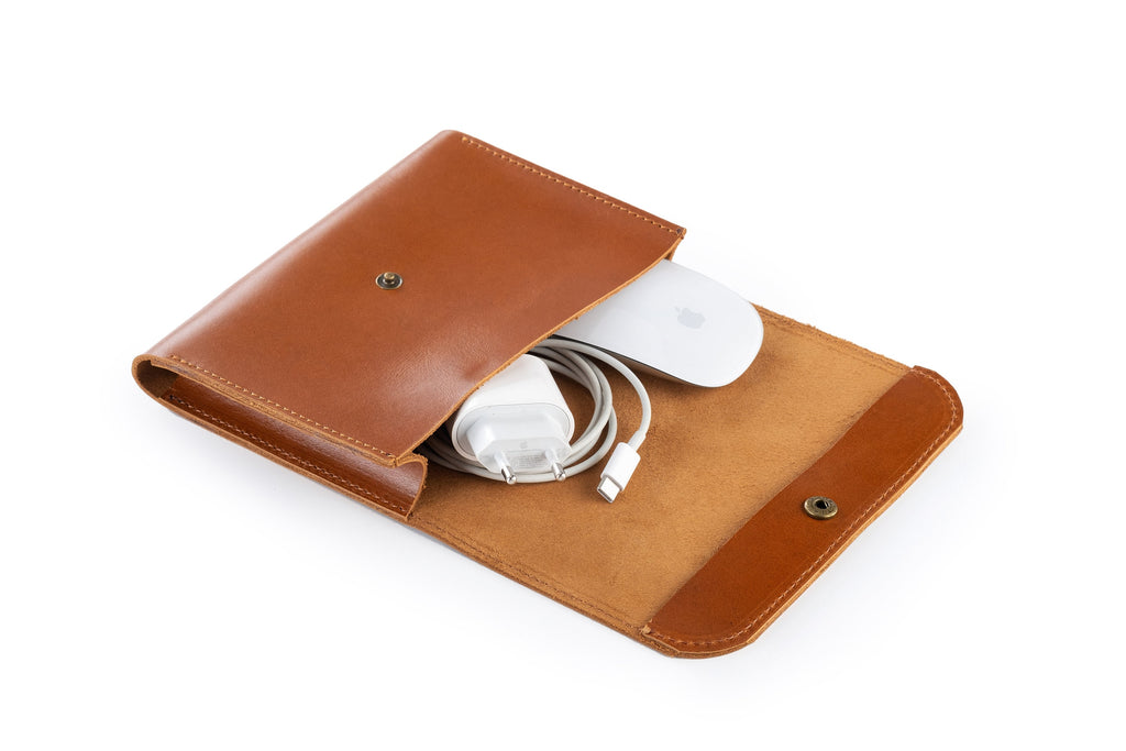 Leather Laptop Charger Organizer, Handmade MacBook Cable & Mouse Case, Leather Cord Case, Personalised Cable Bag for Laptop Accessories