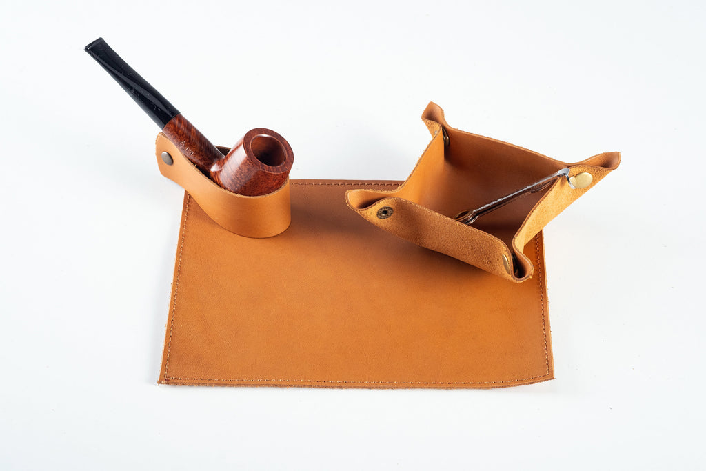 Leather Pipe Accessories Set, Leather Pipe Stand, Leather Valet Tray, Leather Tobacco Mat, The Pipe Smoker's Set