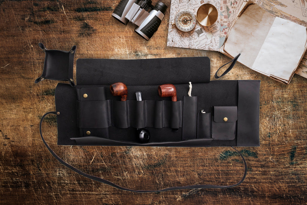 Leather Pipe Pouch for 4-Pipes, Handmade 4-Pipe Rollup Bag, Quadruple-Pipe Roll, Matte Black